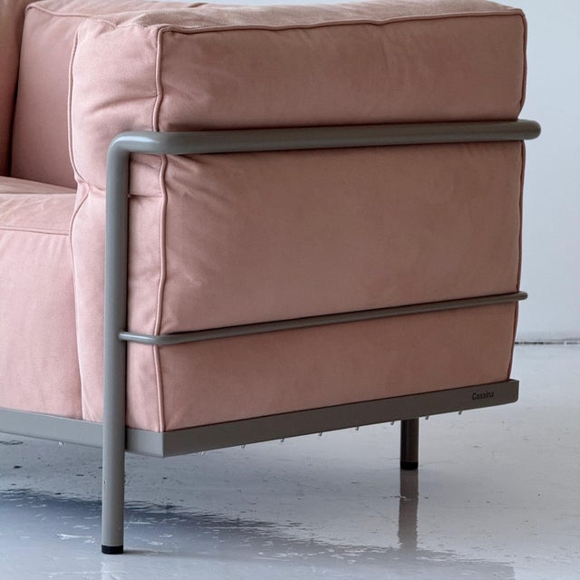 c 2000s. Italy. Pink alcantara fabric with grey frame. Cushions all removable. Signed. Tagged.