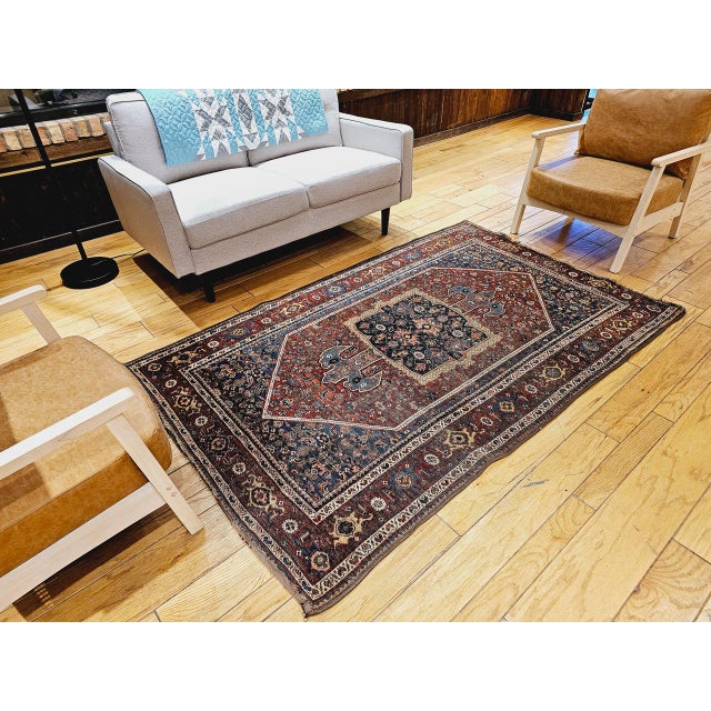 19th Century Persian Bidjar Rug, Hand-Knotted Wool, Geometric Herati Pattern, Burgundy & Blue, 5x7 For Sale - Image 11 of 18