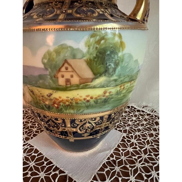 Ceramic Antique Nippon Porcelain Scenic Vase, Hand-Painted Cobalt Blue & Gold For Sale - Image 7 of 11