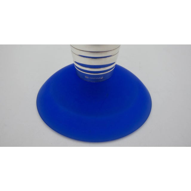 Christofle Alexandrie French Modernist Candelabra in Silverplate and Blue Glass For Sale - Image 9 of 10