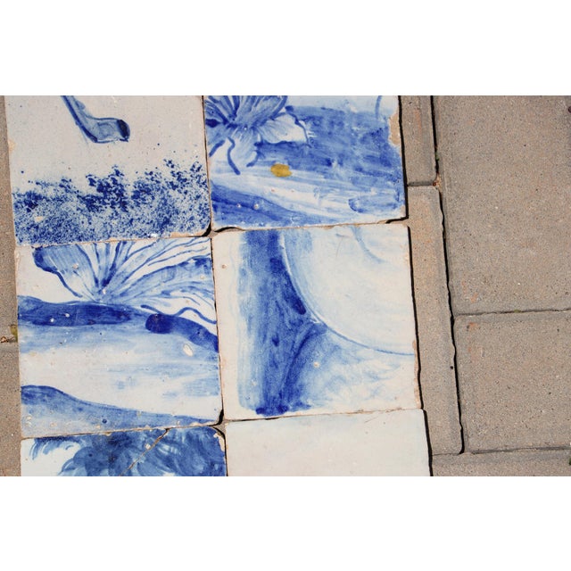Antique Set of 6 Baroque Portuguese Tiles, 18th Century Blue & White Scenic and Botanical Details For Sale - Image 6 of 10