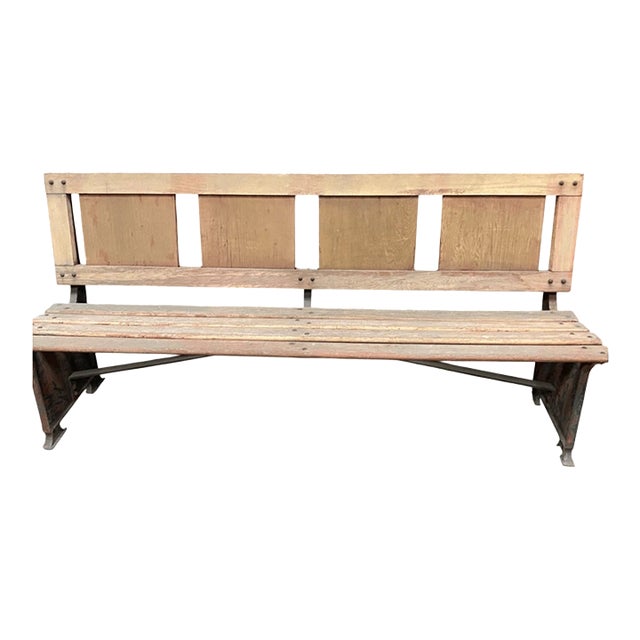 Vintage Knole Industrial Style Wood & Metal Bench 72” For Sale