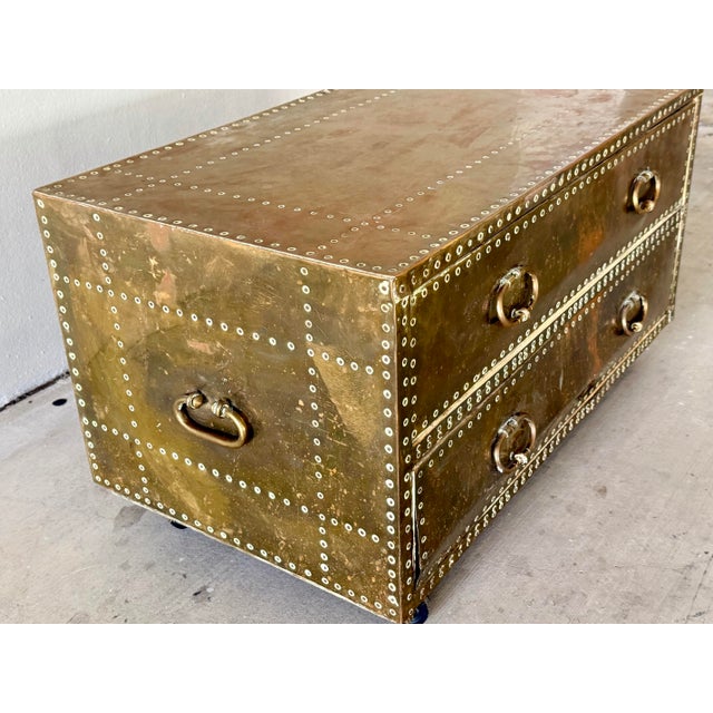 1970s Vintage Attributed to Sarried Spanish Brass Clad Campaign Chest 2 Drawer. For Sale - Image 5 of 8