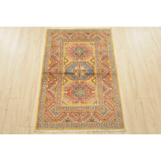 Farmhouse Kazak Rug 2’8” X 4′ Gold Wool Tribal Hand-Knotted Oriental Carpet For Sale - Image 3 of 10