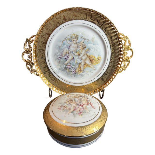 Vintage Limoges Porcelain Hand Painted Dresser Box and Tray ~ Cherubs Ornate Gold & Bronze Edges For Sale