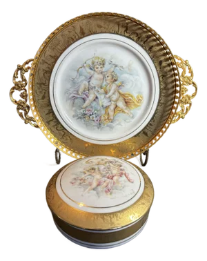 Vintage Limoges Porcelain Hand Painted Dresser Box and Tray ~ Cherubs Ornate Gold & Bronze Edges