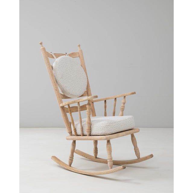 Wood 20th Century French Spindle-Back Oak Rocking Chair with Bouclé Cushions For Sale - Image 7 of 18