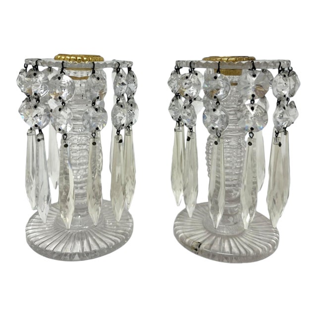 Antique Pair Poss Irish Crystal Hand Cut Lead Lustres Vases Candlesticks Ireland For Sale