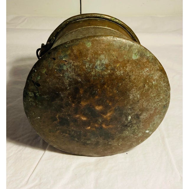 Copper Antique Middle Eastern Copper With Tin Overlay Bucket Elaborate Etched Pattern Solid Iron Loop Handle Ending With Serpent Heads For Sale - Image 8 of 12