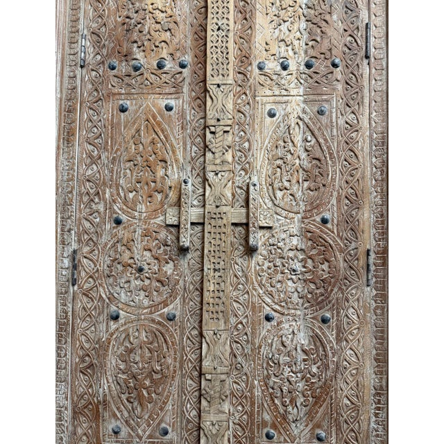 1920s Antique Indian Hand-Carved Double Doors – Rustic Farmhouse Teak Wood Architectural Salvage For Sale - Image 5 of 7