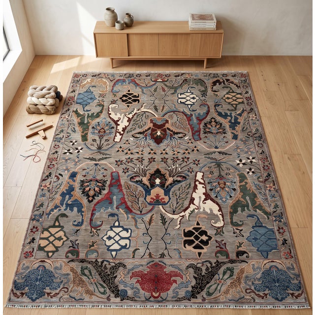 A hand-knotted area rug in the sickle-leaf design, woven in Afghanistan on a soft stone-grey ground with indigo, cream,...