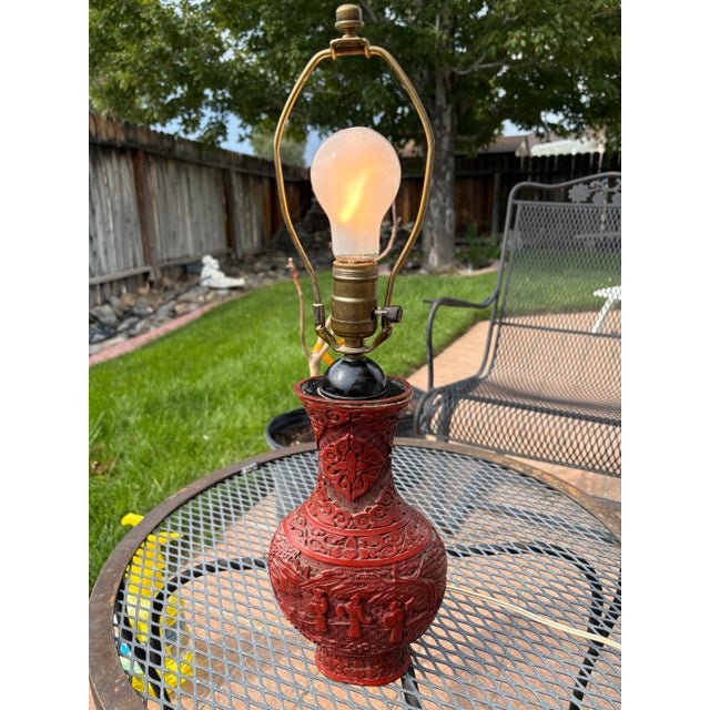 Ceramic Antique Chinese Cinnabar Lamp For Sale - Image 7 of 7