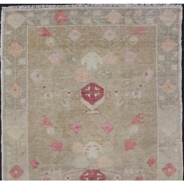 Tribal Vintage Turkish Oushak in Colorful Floral Designs Set on Sand-Green Field 2'8" X 4'9" For Sale - Image 3 of 10