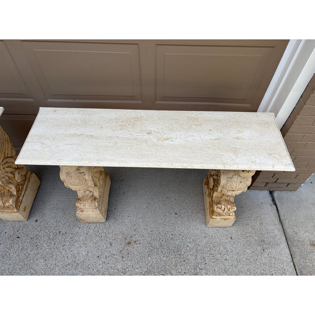 Late 20th Century Pair of Neoclassical Travertine Consoles With Winged Figural Bases For Sale - Image 12 of 14