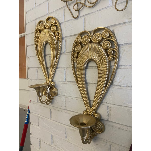 Gold 2 VTG Egyptian Inspired Ornate Faux Wicker & Rattan Scrolled Homco Candle Holders Set, Wall Hanging Decorative Candle Votives Gilded Gold Wall Sconces For Sale - Image 8 of 11