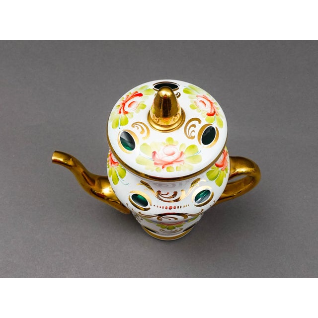 Mid 20th Century Bohemian Czech White Cut to Green Cased Gold Gilt Hand Painted Floral Teapot For Sale In Miami - Image 6 of 10
