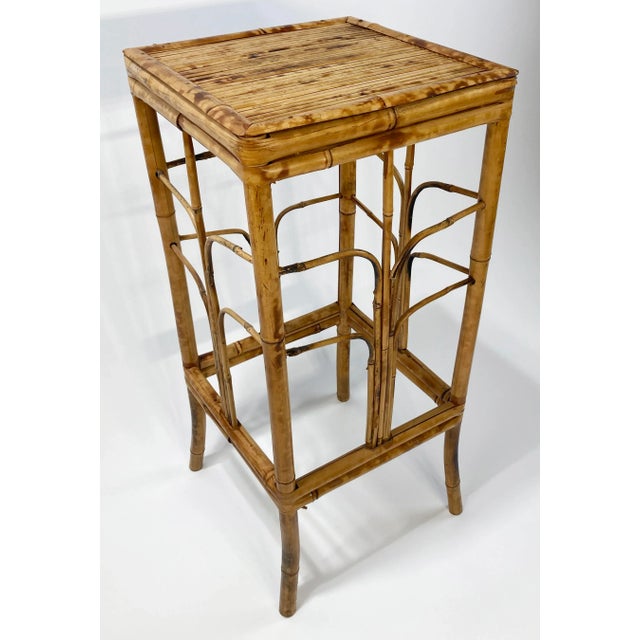 Vintage tall square scorched bamboo plant stand or side table. Versatile in use and design. Age wear. Sturdy.