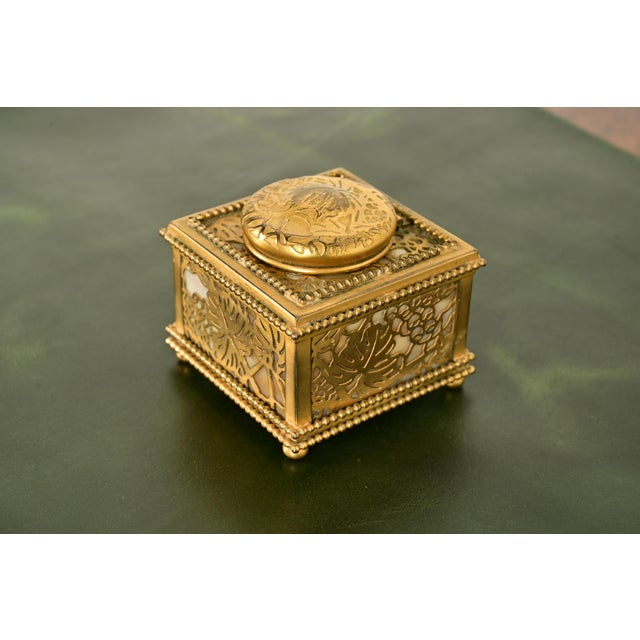 Tiffany Studios New York Grapevine Bronze Doré and Favrile Slag Glass Inkwell For Sale - Image 14 of 14