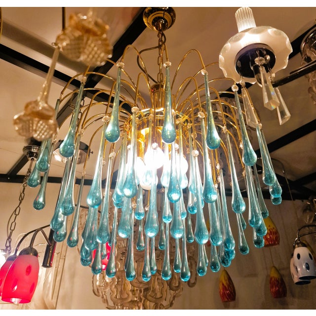 Glass Vintage Gold Rain Chandelier with Handmade Murano Glass Blue Drop, Italy, 1960 For Sale - Image 7 of 13