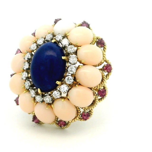 Italian 18k Gold Lapis, Coral, Ruby & Diamond Cocktail Ring, 1970s, Size 7 For Sale - Image 11 of 18