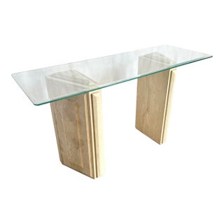 Vintage Glass Top Travertine Pedestal Console Table For Sale