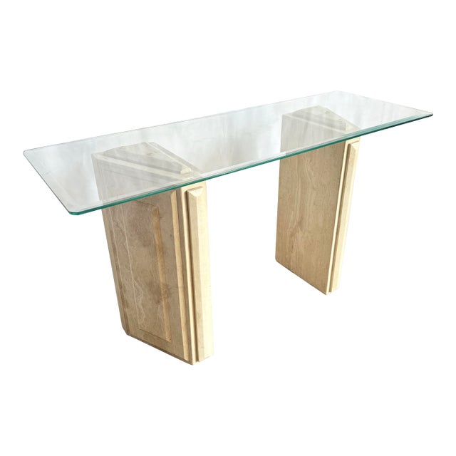 Vintage Glass Top Travertine Pedestal Console Table For Sale