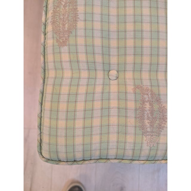 Tufted silk x bench, newly re-upholstered Raised gold embroidery