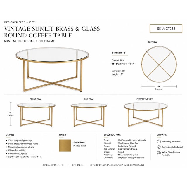 Contemporary Vintage Sunlit Brass & Glass Round Coffee Table — Minimalist Geometric Frame For Sale - Image 3 of 3