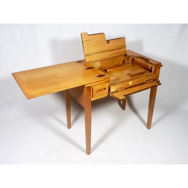 Vintage Original Mid-Century Modern All Wood Maple Finish Sewing Machine Cabinet With Flip-Down Top & Pull Out Drawer For Sale - Image 11 of 14