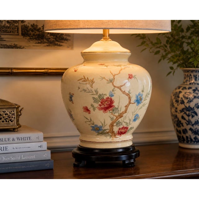 Late 20th Century Hand-Painted Floral Porcelain Table Lamp With Linen Drum Shade — 28” For Sale - Image 4 of 5