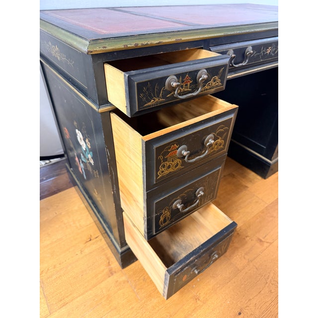 Chinoiserie Ebonized Hand Painted Kneehole Leather Top Desk For Sale - Image 11 of 12