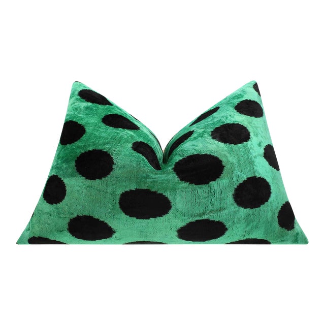 Handmade Velvet Lumbar Pillow in Green and Black Polka Dot Design - Decorative Accent With Premium Down Feather Insert For Sale