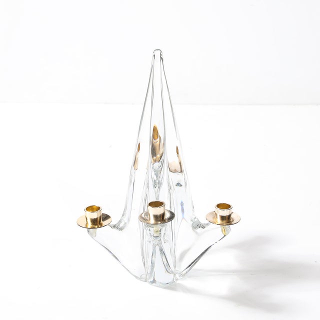 Schneider Glass Mid-Century Crystal & Brass Amorphic 4 Arm Candelabra Signed Schneider For Sale - Image 4 of 9