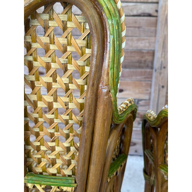 Vintage French-Style Rattan Bistro Side Arm Chairs With Handwoven Cane – Pair For Sale - Image 10 of 12