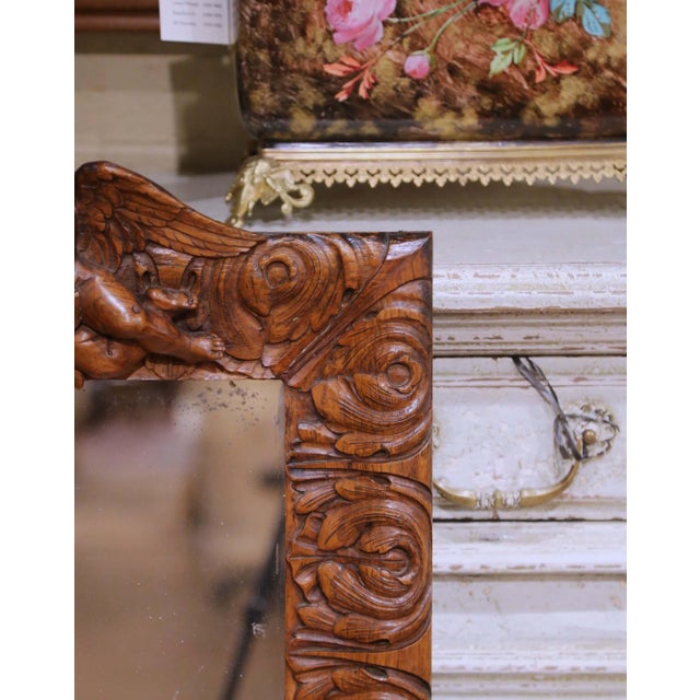 Wood 19th Century French Louis XV Carved Oak Wall Mirror With Cherub and Floral Decor For Sale - Image 7 of 9