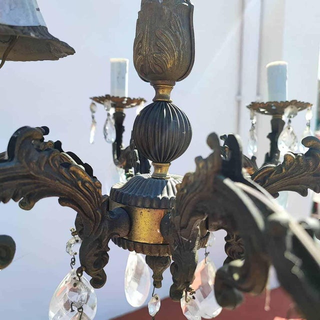 Brown Vintage Six-Armed Chandelier with Glass Drops For Sale - Image 8 of 10