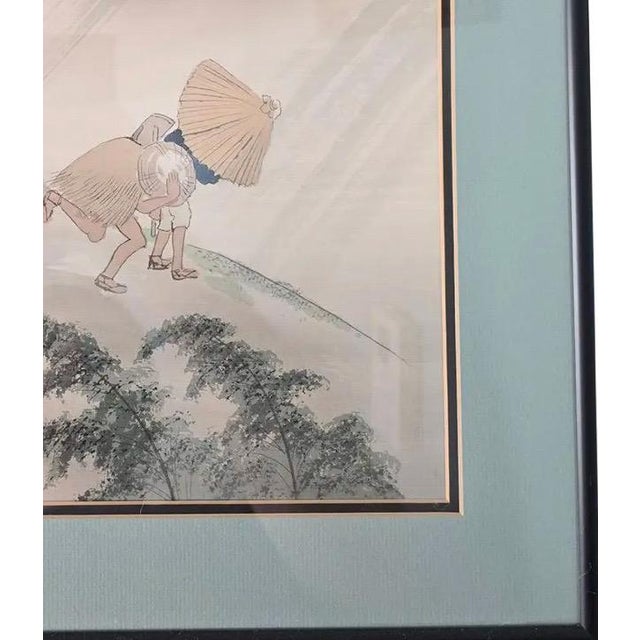 Vintage Japanese Silk Painting Signed Shoun, Travelers in Rain Nihonga Watercolor, Japandi Wall Art, Zen Landscape Decor For Sale - Image 11 of 15