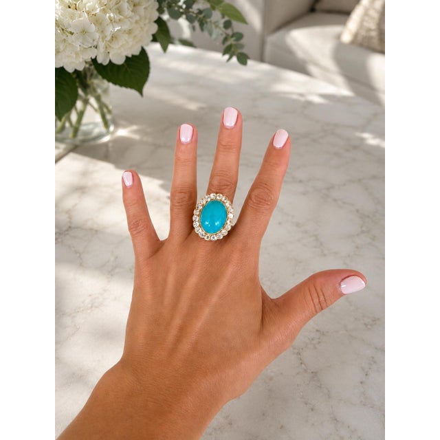 Antique 18k Gold Turquoise & Diamond Halo Ring, Size 6.75 For Sale - Image 11 of 12