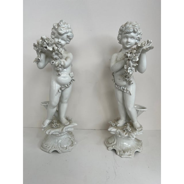 Mid-Century Italian Porcelain Cherub Figures With Floral Garlands Vases a Pair For Sale - Image 10 of 15