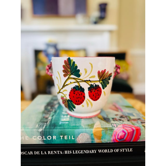 Sweet set! An Italian pair of planters or cache pots with hand painted strawberries. Each one is big enough for an orchid....