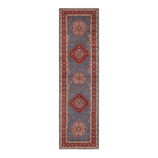 Rustic Super Kazak Light Blue/Red Wool Runner Rug- 2'5'' X 9'9'' For Sale