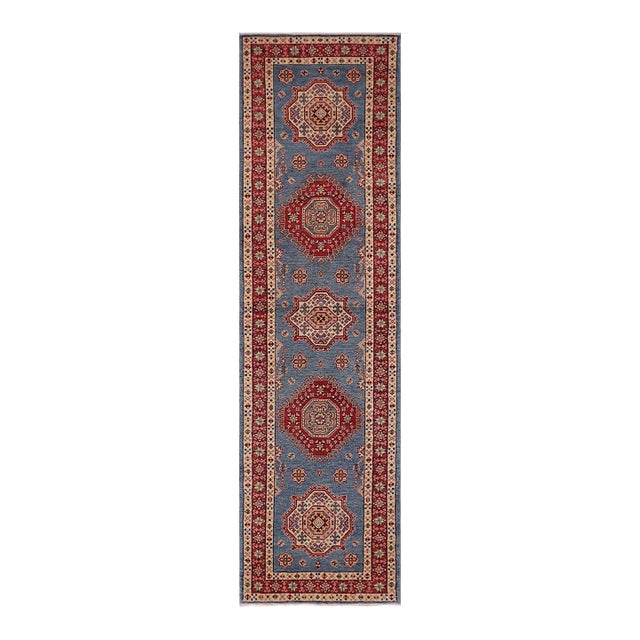 Rustic Super Kazak Light Blue/Red Wool Runner Rug- 2'5'' X 9'9'' For Sale