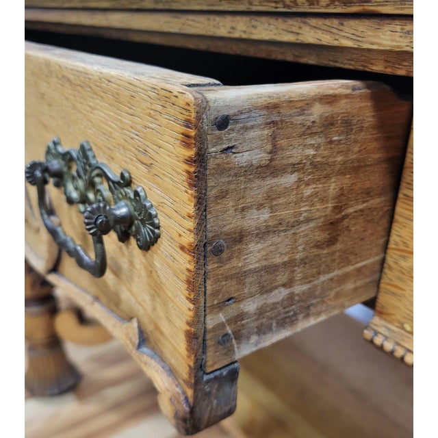 19th C Antique American Arts & Crafts Carved Oak Library Table Desk For Sale - Image 9 of 12