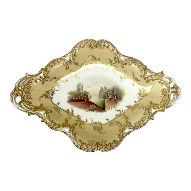 Antique Victorian Yellow & Gold Porcelain Serving Dish Platter Pierced Handles For Sale