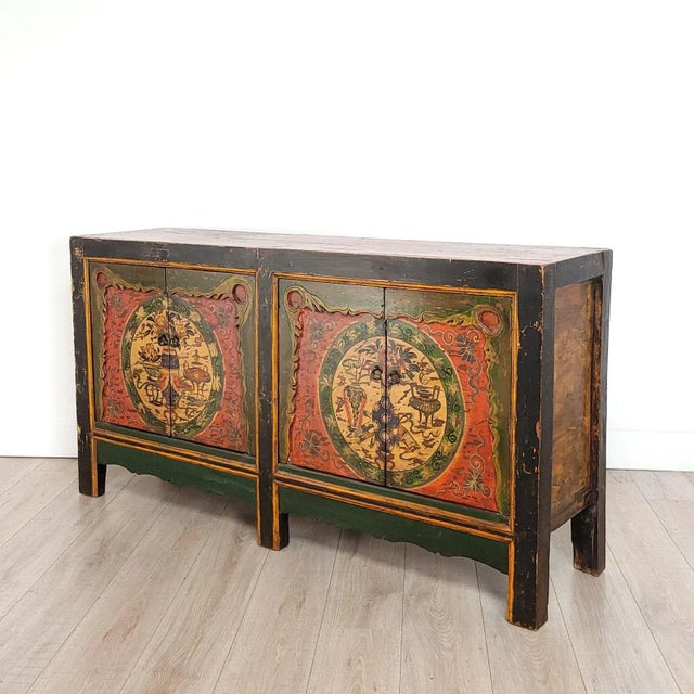 Wood Tibetan Painted Four-Door Cabinet, 19th Century For Sale - Image 7 of 11