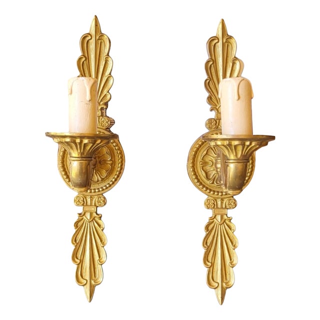 Louis XVI Style Gilt Brass Wall Sconces, 1950s, Set of 2 For Sale