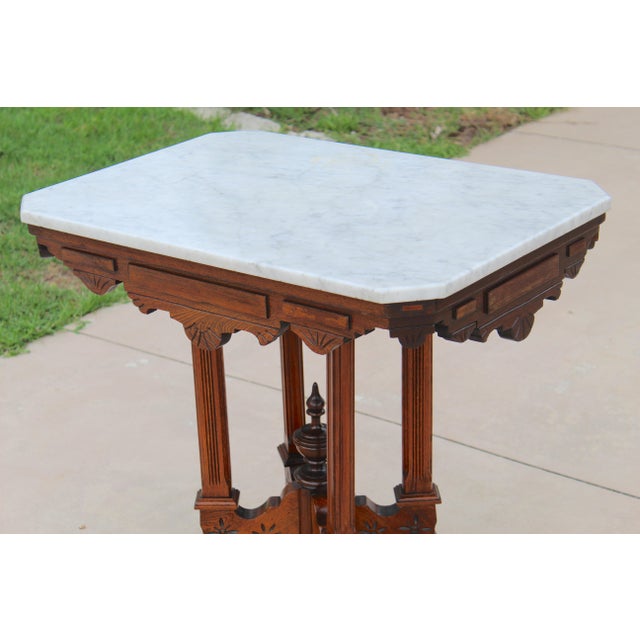 Antique American Victorian Eastlake Marble Top Parlor Table | Carved Walnut Side Table on Casters | C. 1880–1900 For Sale - Image 4 of 15