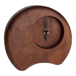 Signed Mid-Century Modern Hand-Carved Wooden Desk Clock For Sale