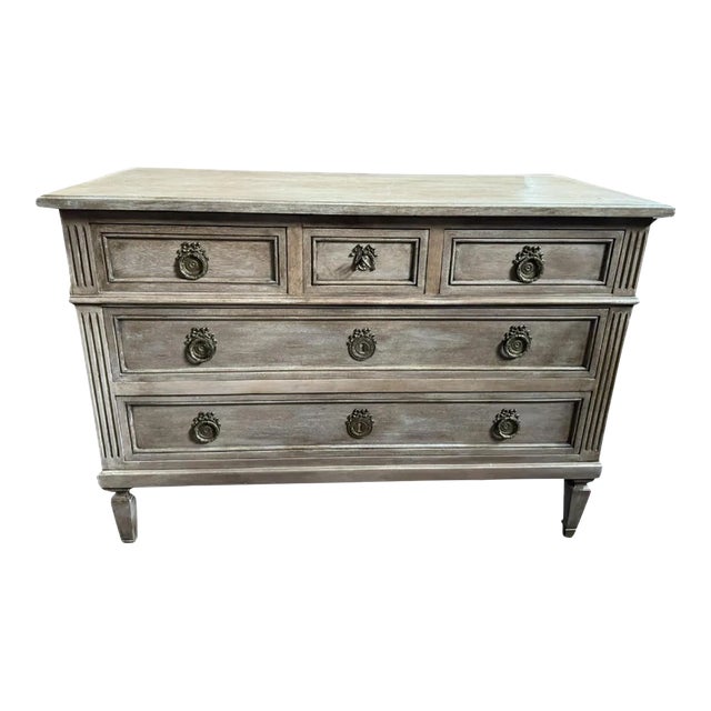 Antique French Louis XVI Style Commode | 1930s Painted Cherrywood Chest of Drawers | Light Gray Distressed Finish For Sale