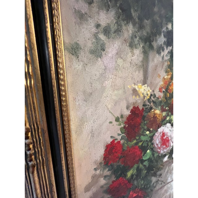 XL Framed Vintage Floral Landscape Oil Painting For Sale - Image 9 of 13